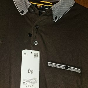 Men's Denim and Flower polo shirt, size medium. Dark brown, fitted sleeves. NWT